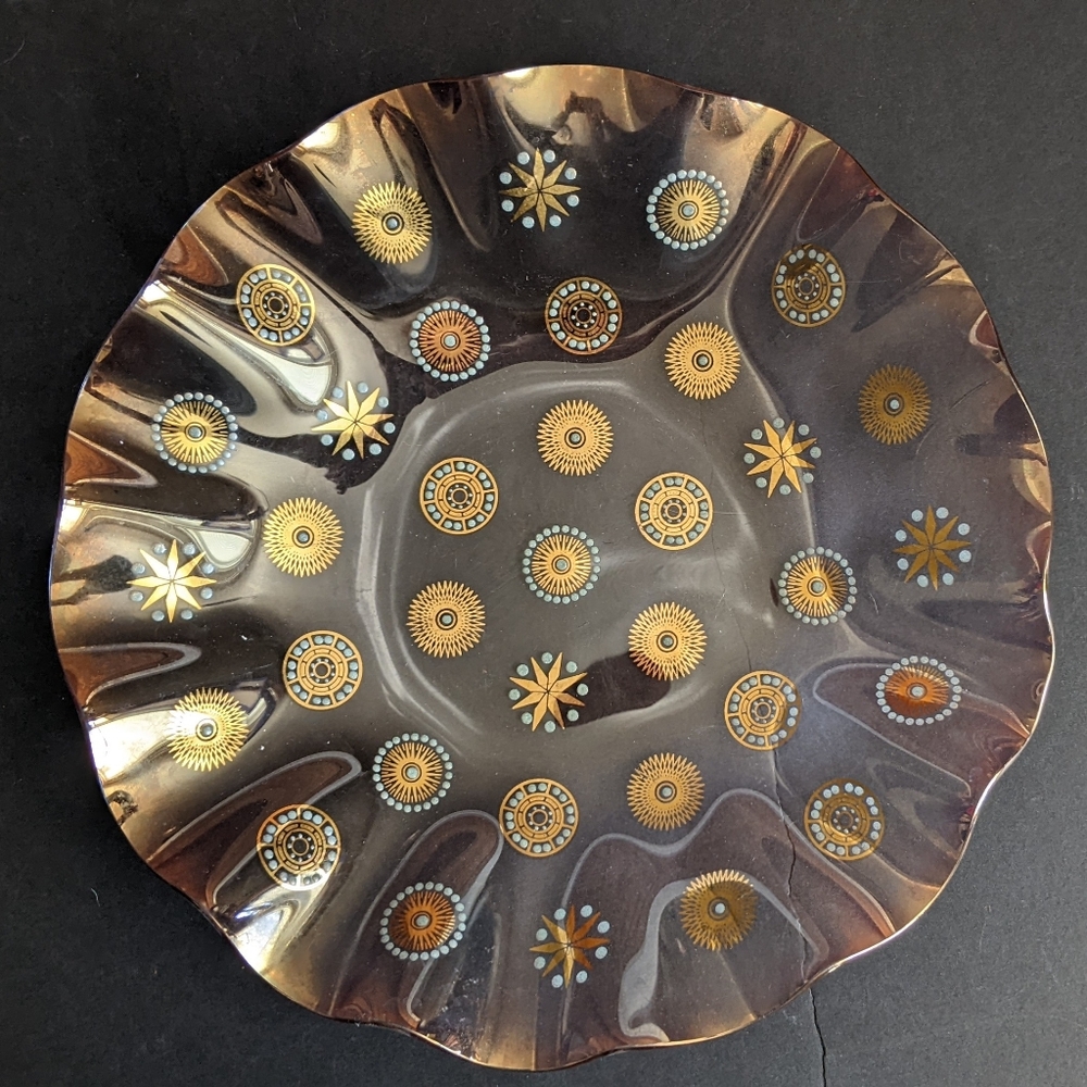 Vintage Dorothy Glama Atomic MCM Brown and Gold Decorative Plate/Bowl.